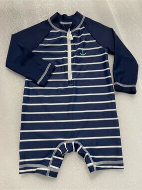 Carter's Navy and White Striped Infant Zip Swim Top